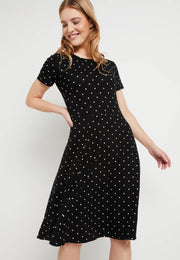 Kaffe Black White Polka Dot Jersey Dress – Round Neck Short Sleeves Tiered Skirt Midi | Women