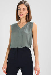 Kaffe Amber Top Dusty Jade Crinkle V-Neck Sleeveless Blouse – Pintuck Back Relaxed Fit | Women