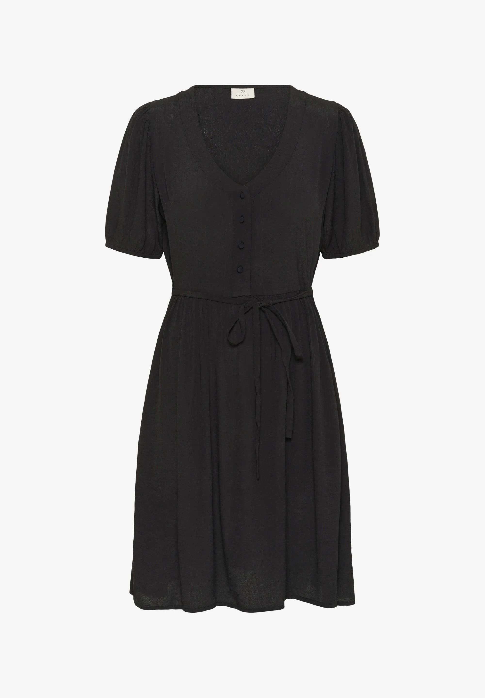 Kaffe KAliana Black Deep Shirt Dress – V-Neck Puff Sleeves Tie Waist Pockets Mini | Women