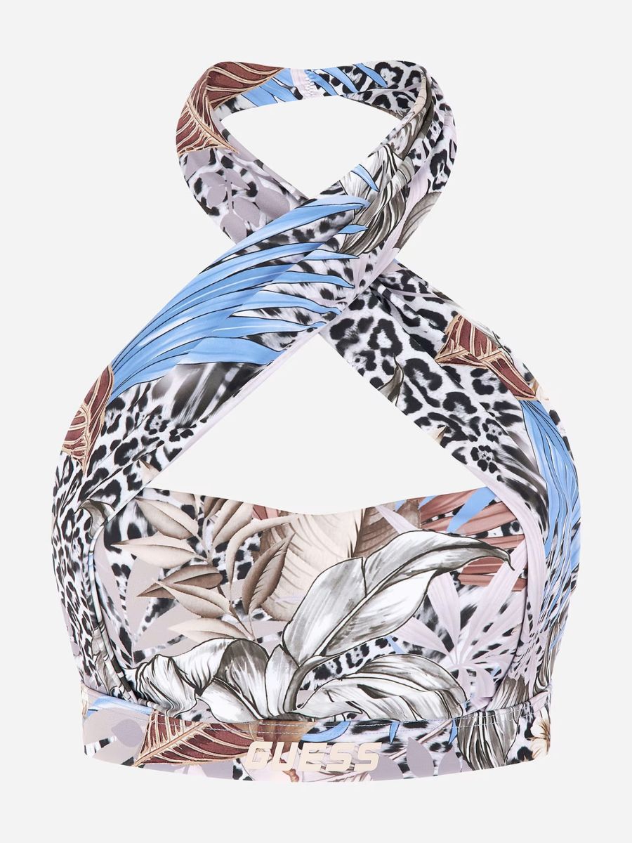Guess Carlene Active Tropical Print Cross-Neck Bra Top – Blue | Sleeveless