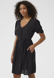 Kaffe KAliana Black Deep Shirt Dress – V-Neck Puff Sleeves Tie Waist Pockets Mini | Women