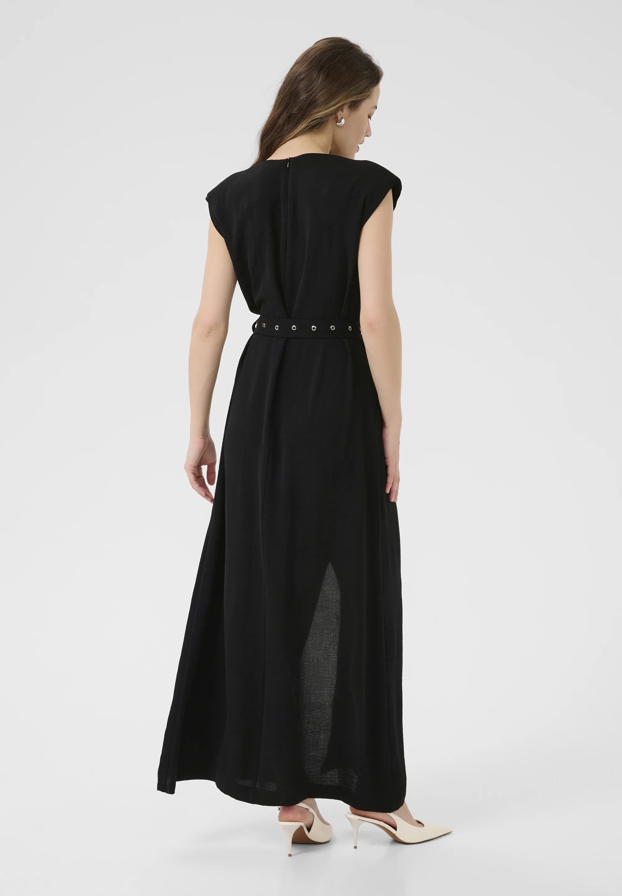 Kaffe KAtessa Black Eyelet Belt Maxi Dress – Structured Shoulders Cap Sleeves Side Slit | Women