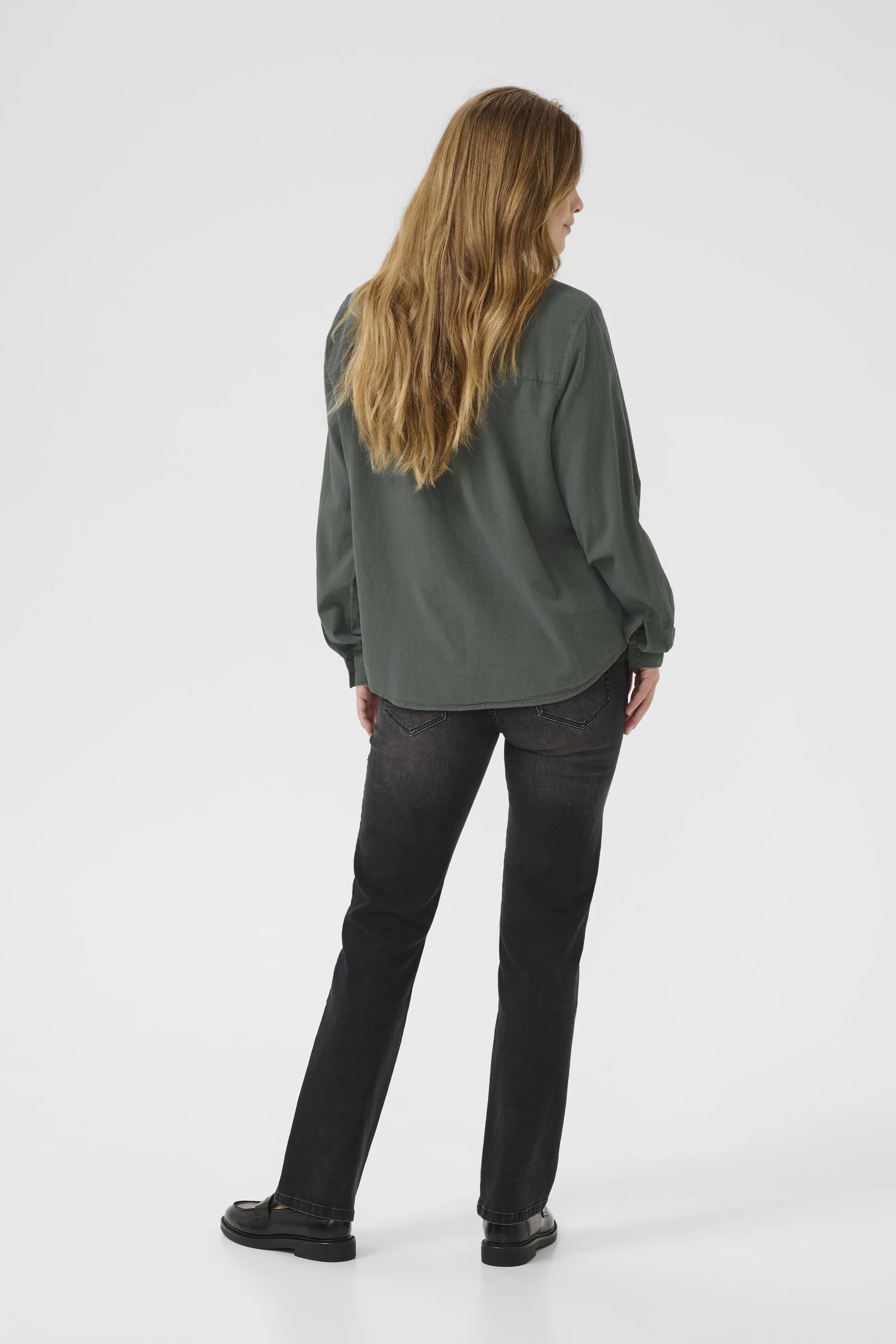 Kaffe KAnaya Short Balsam Green Button-Through Shirt Blouse – Classic Collar Roll-Up 3/4 Sleeves | Women