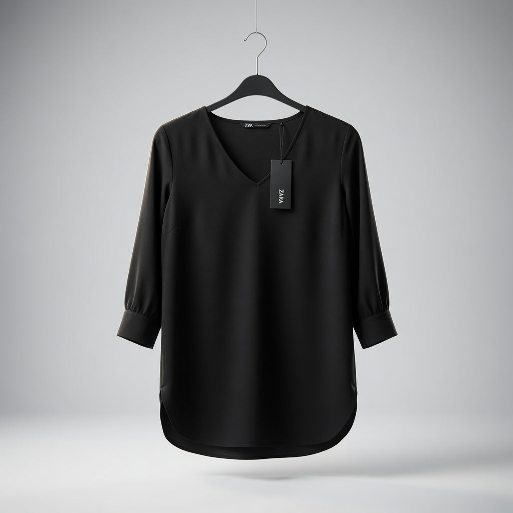 Zero Black V-Neck Crepe Blouse – 3/4 Sleeve | Women