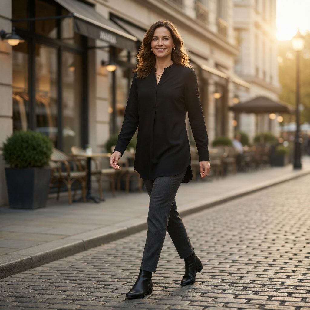 Zero Black Longline Blouse – Mandarin Collar Long Sleeve | Women