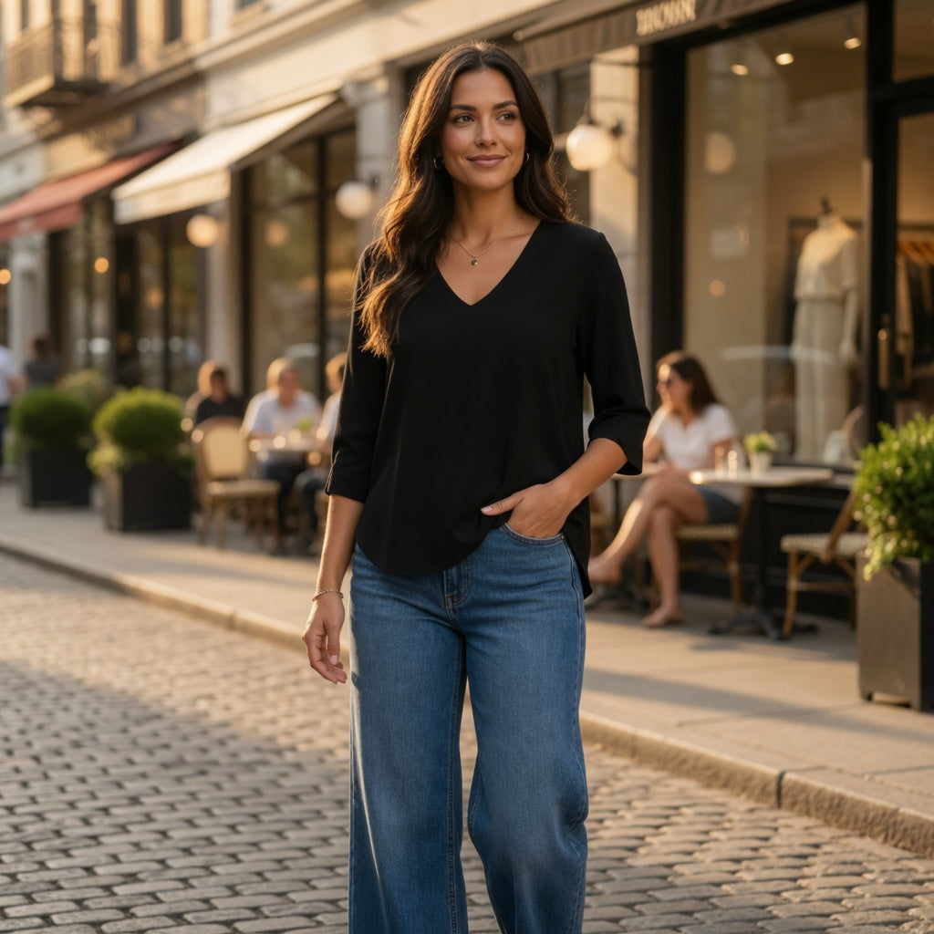 Zero Black V-Neck Crepe Blouse – 3/4 Sleeve | Women