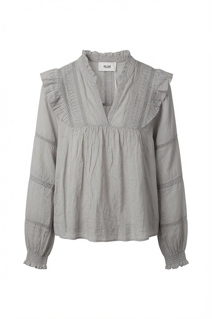 Mood Boho Blouse – Grey | Women's Lace Trim Ruffle Top