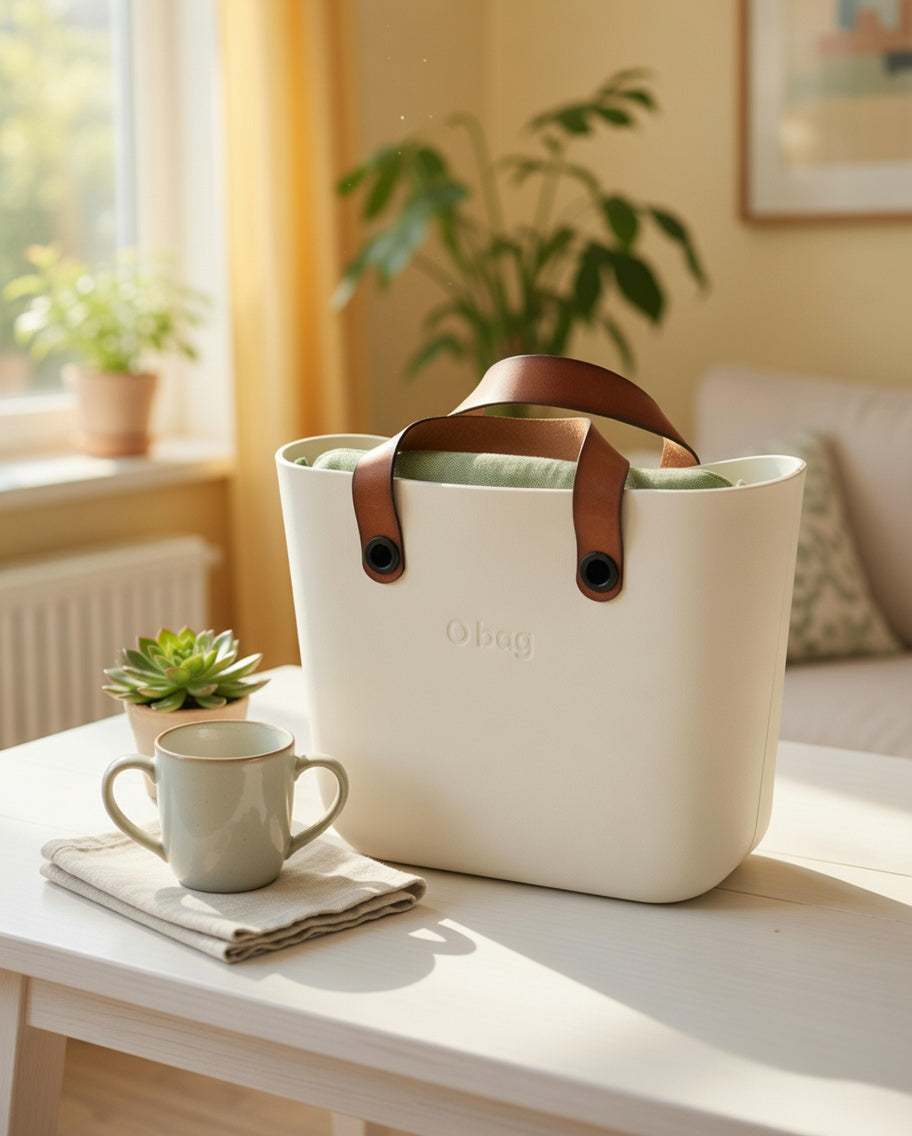 O bag – Off-White Tote Bag with Cognac Leather Handles & Sage Green Interior