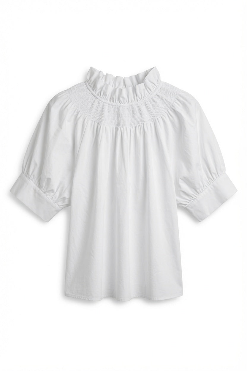 Feminin Flora Blouse – White | Women's Ruffle Neck Puff Sleeve Top