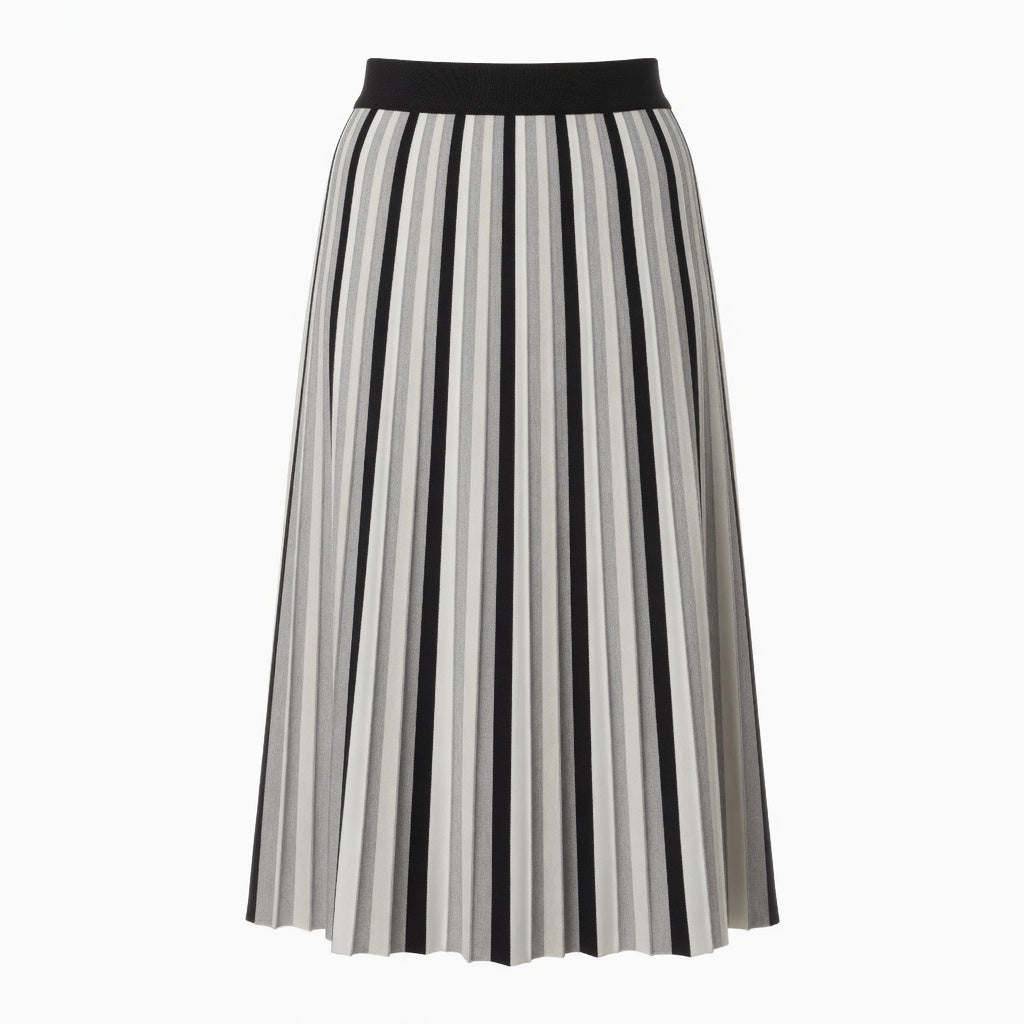 Zero Black & White Striped Pleated Midi Skirt – Elastic Waist