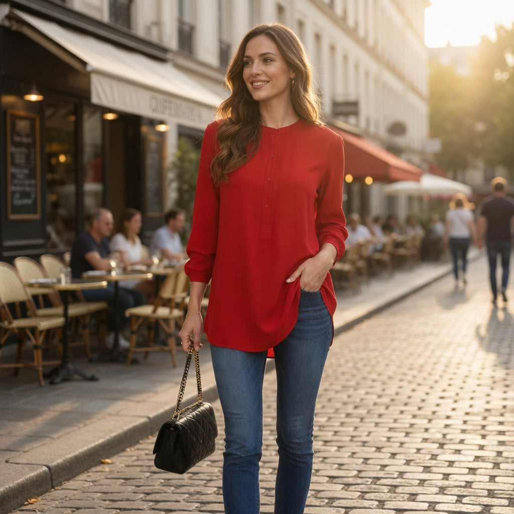 Zero Red Longline Crepe Blouse – Collarless Long Sleeve | Women