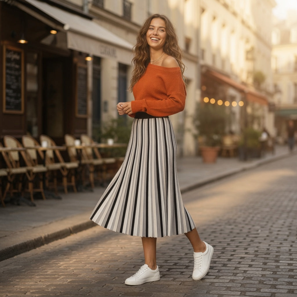 Zero Black & White Striped Pleated Midi Skirt – Elastic Waist