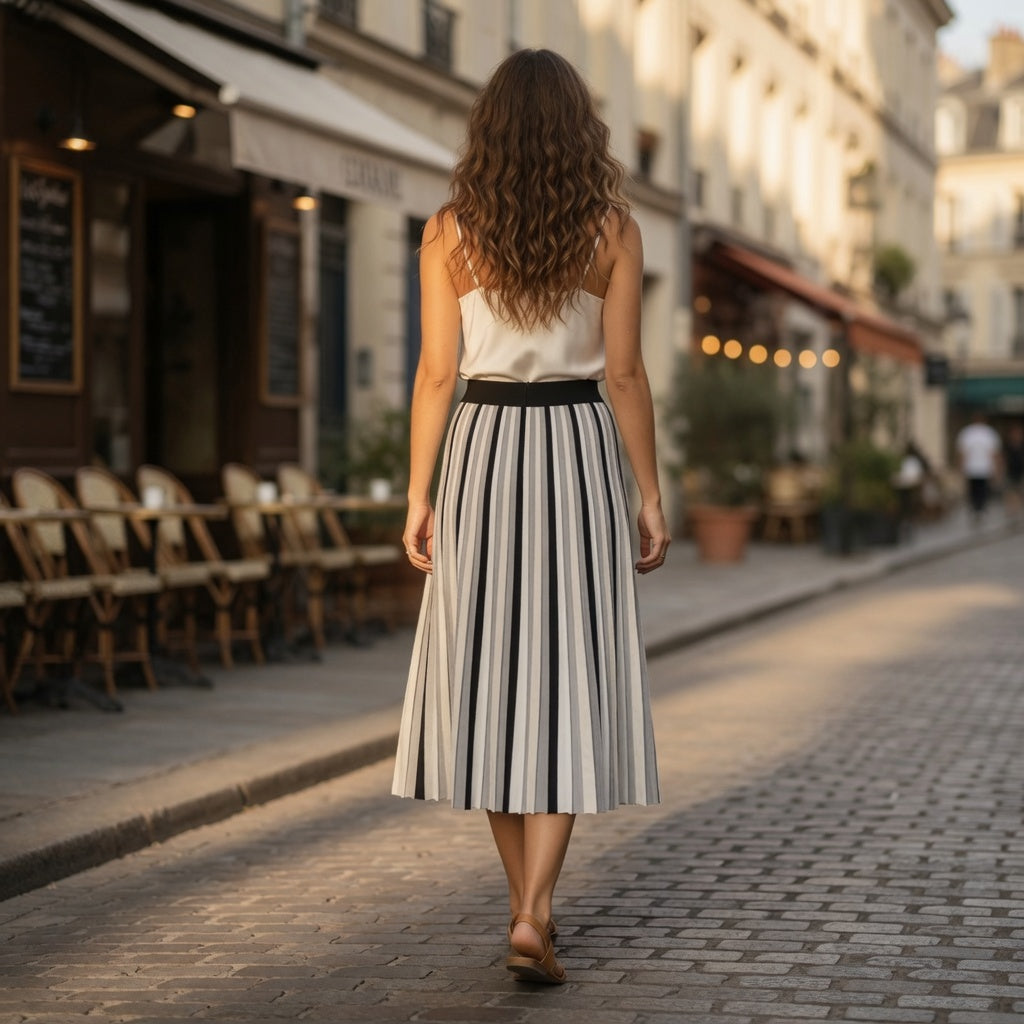 Zero Black & White Striped Pleated Midi Skirt – Elastic Waist
