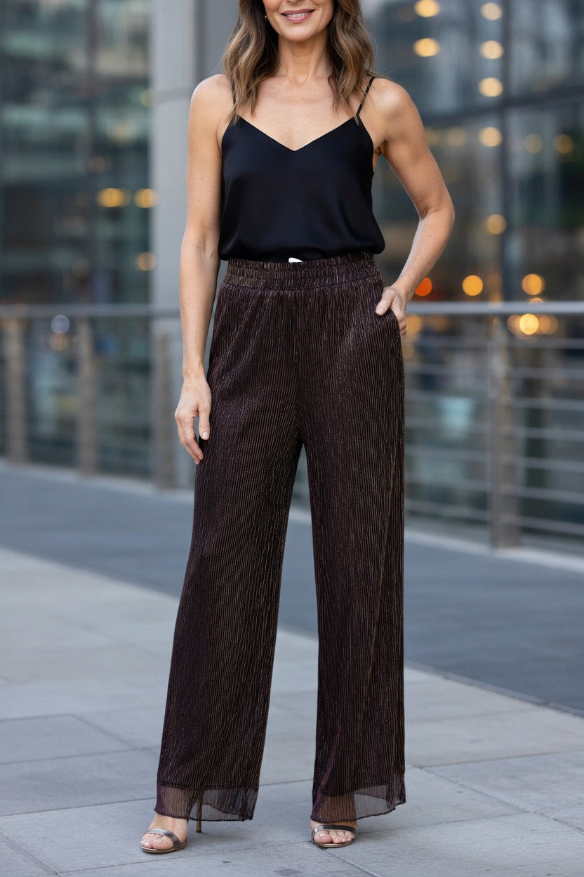ICHI Casual Trousers – Dark Brown Metallic