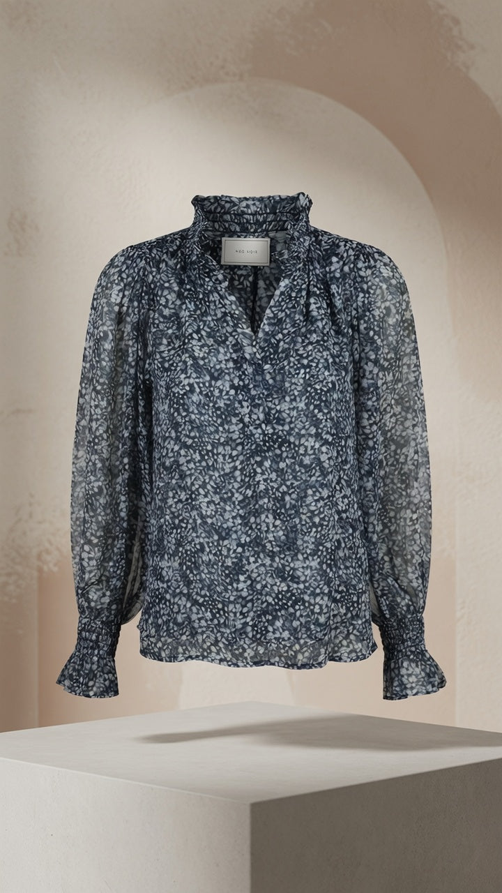 Neo Noir Navy Floral Chiffon Blouse – Ruffle Collar Smocked Cuffs | Women
