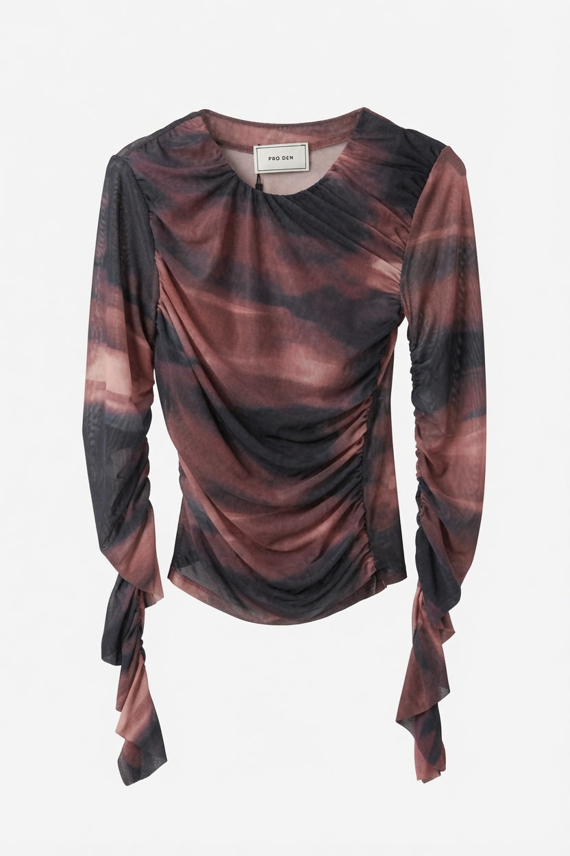 Neo Noir Ruched Mesh Blouse – Brown Abstract Print | Women's Draped Top