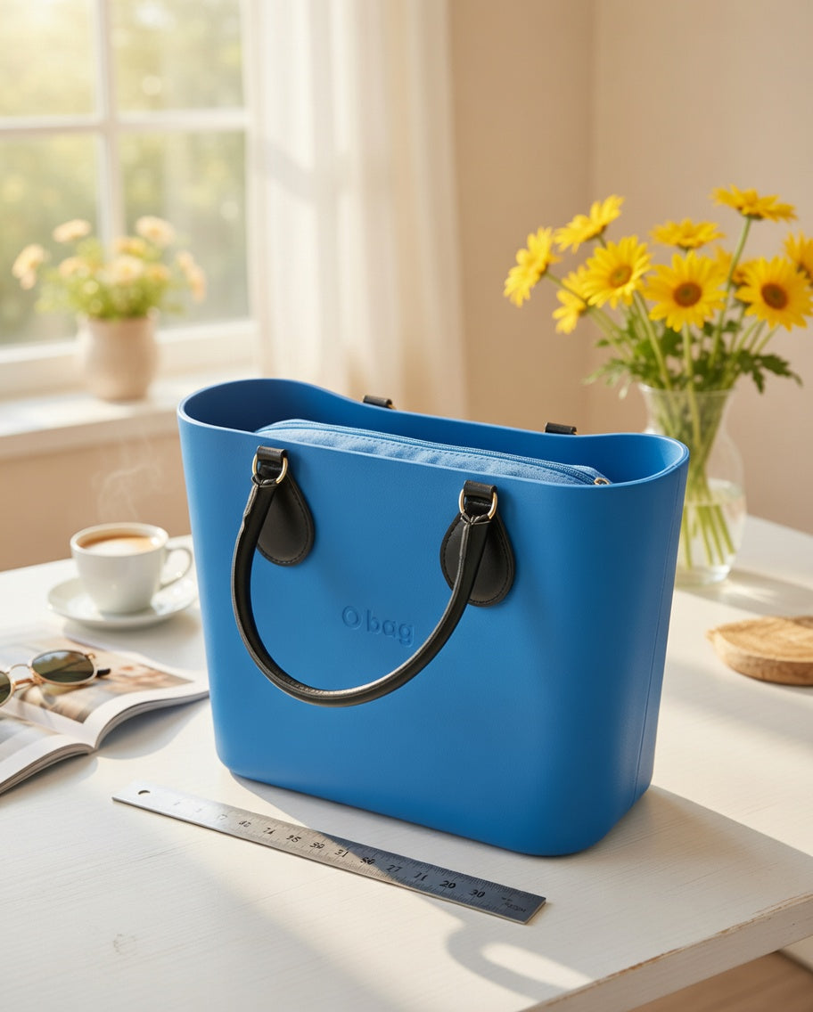 O bag Mini – Blue Tote Bag with Black Leather Handles