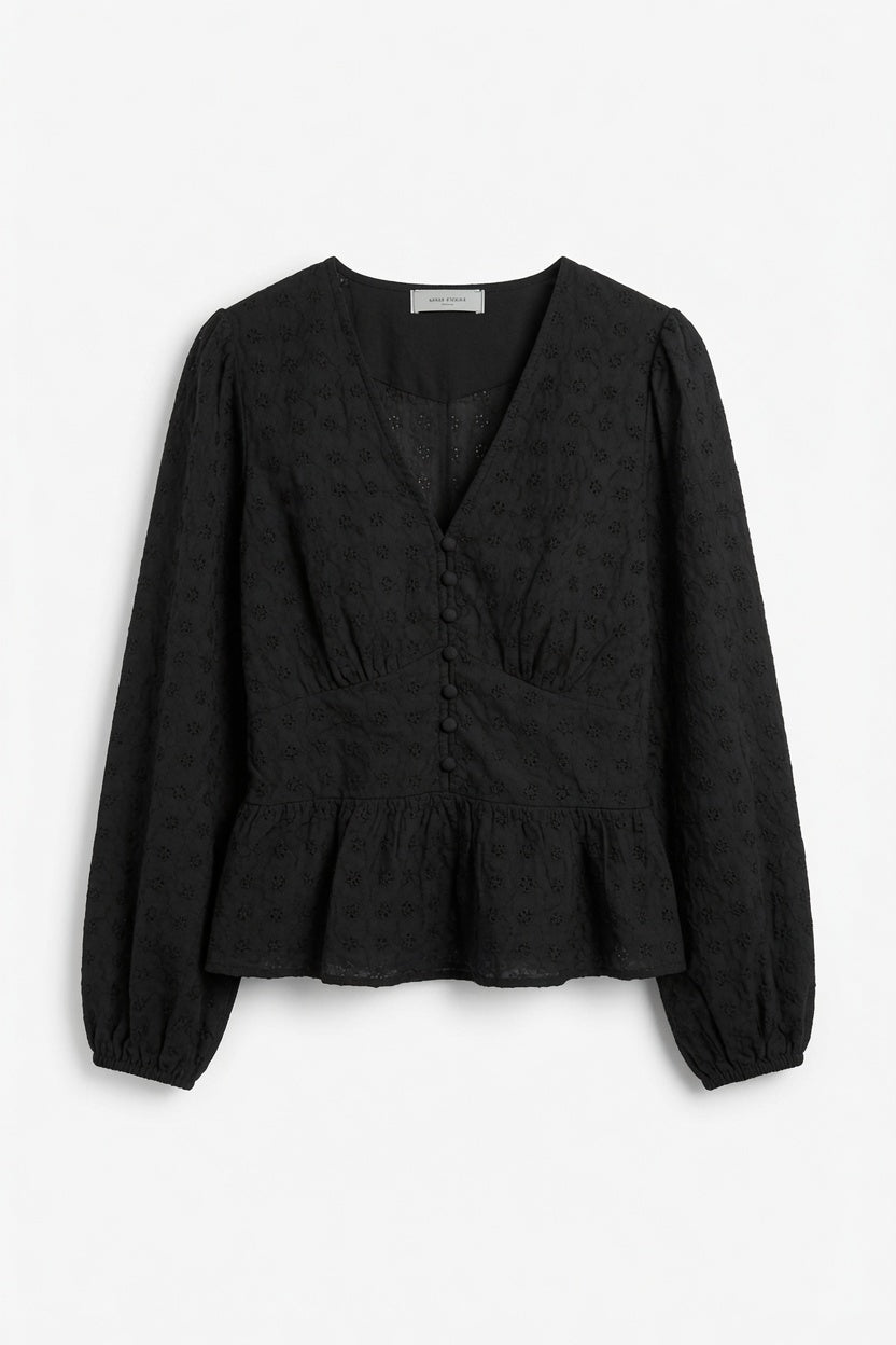 Neo Noir Peplum Blouse – Black | Women's Broderie V-Neck Top