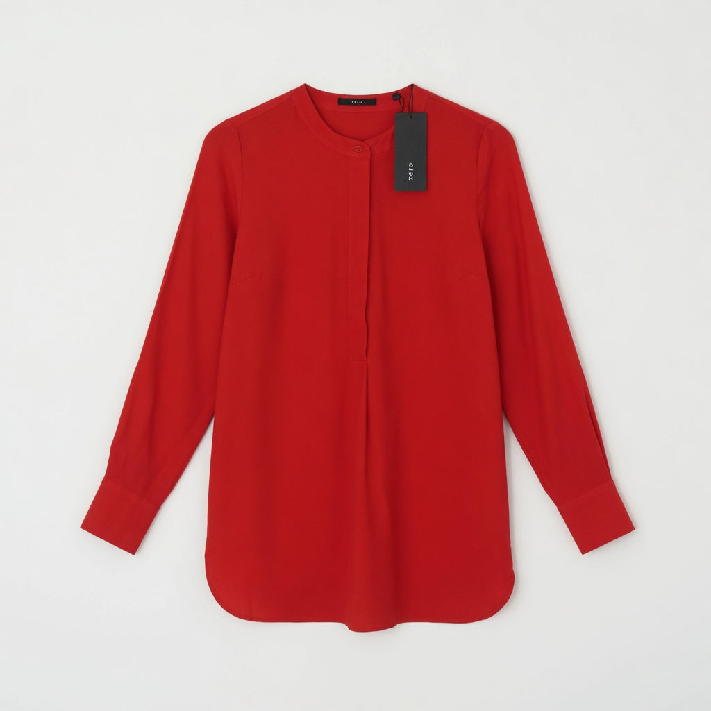 Zero Red Longline Crepe Blouse – Collarless Long Sleeve | Women