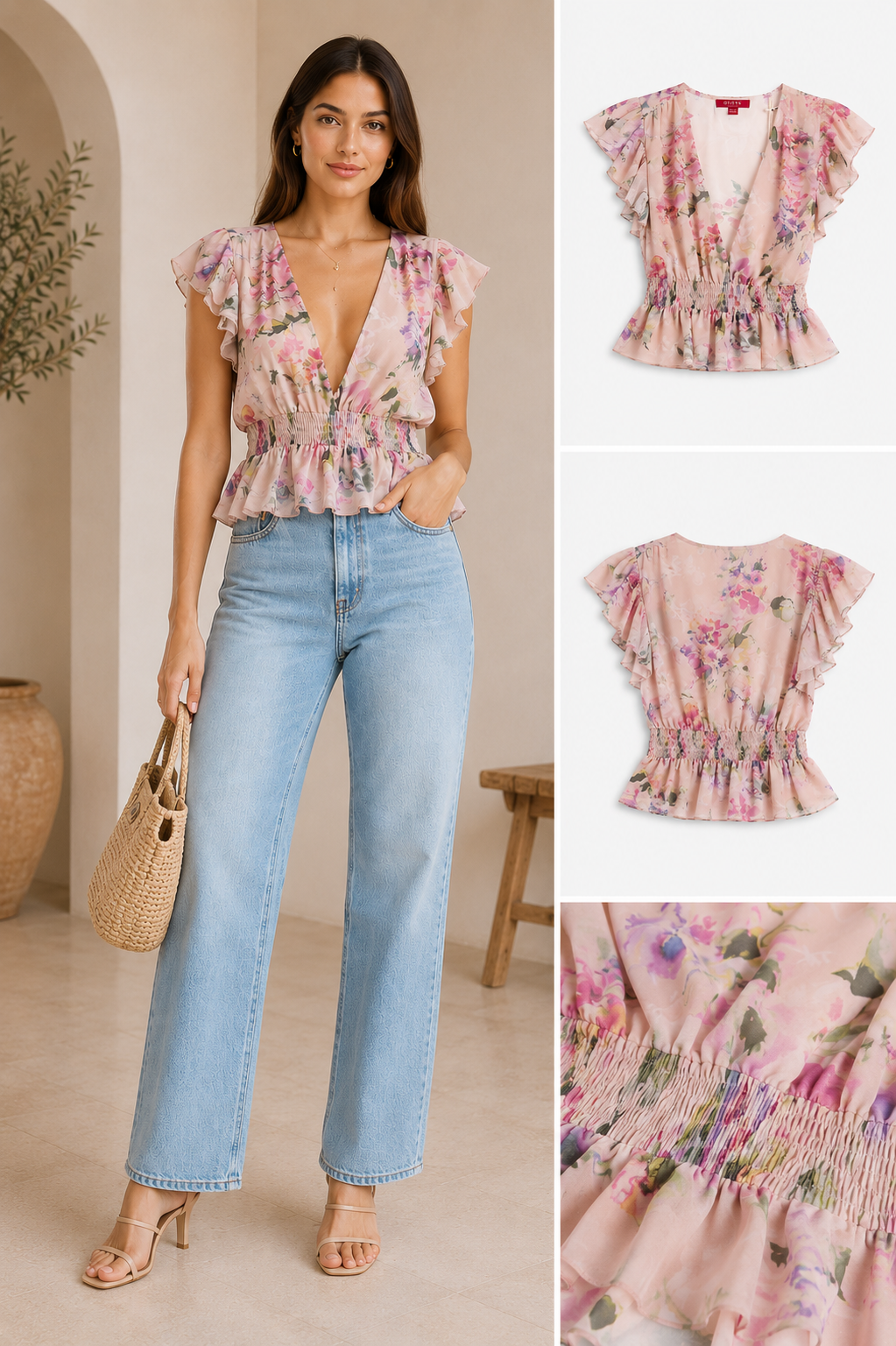 Guess Dawn Pink Floral Chiffon Peplum Top – Deep V-Neck Ruffle Sleeve