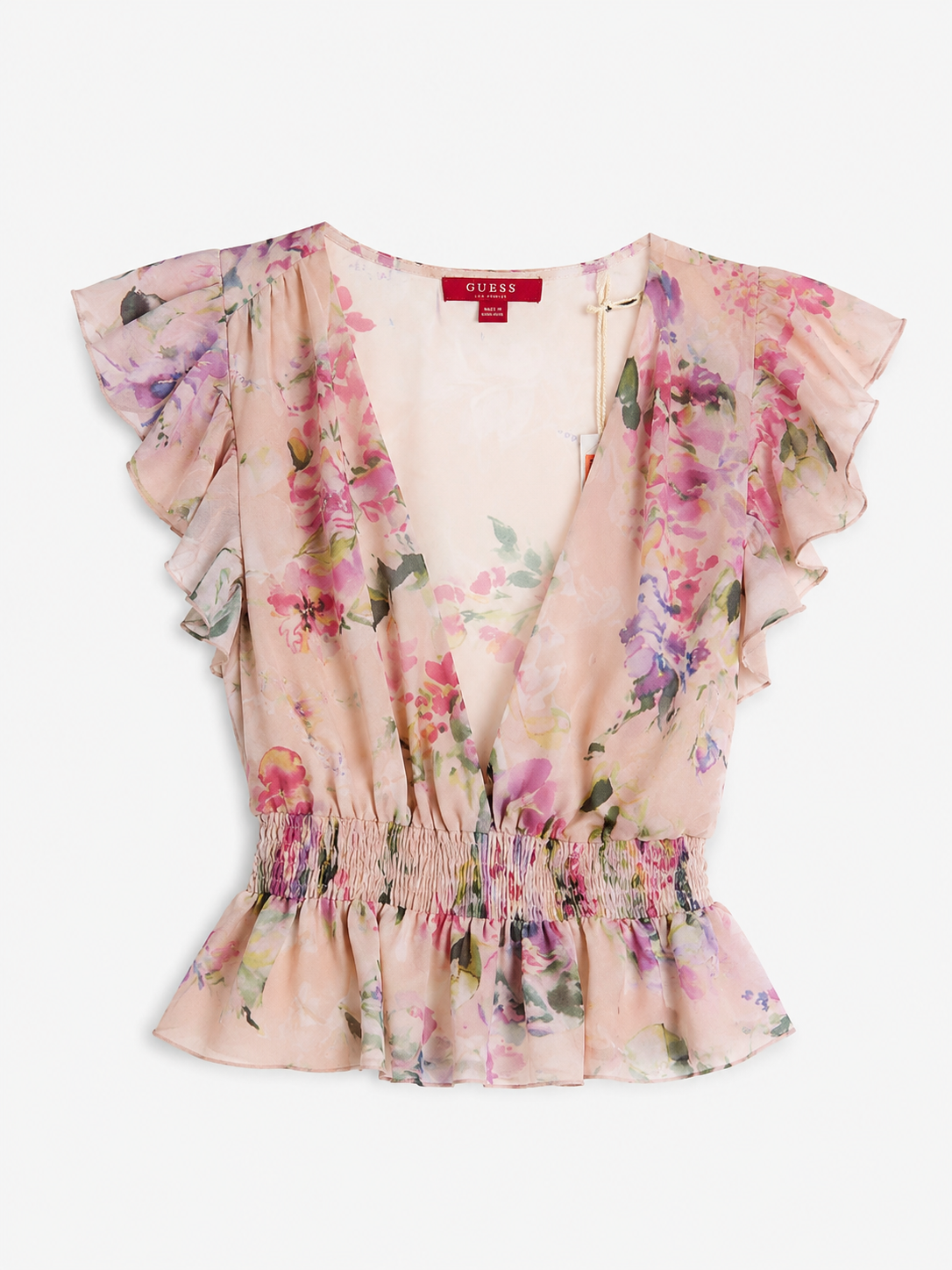 Guess Dawn Pink Floral Chiffon Peplum Top – Deep V-Neck Ruffle Sleeve