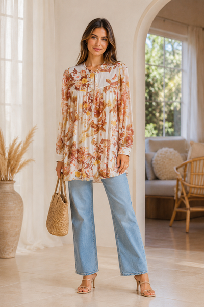 Guess Cream Floral Chiffon Blouse – Tassel Tie Neck Long Sleeve | Women