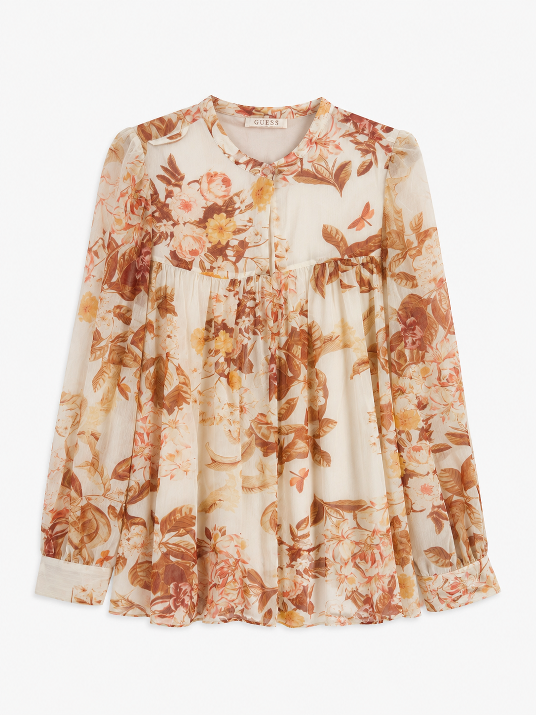 Guess Cream Floral Chiffon Blouse – Tassel Tie Neck Long Sleeve | Women