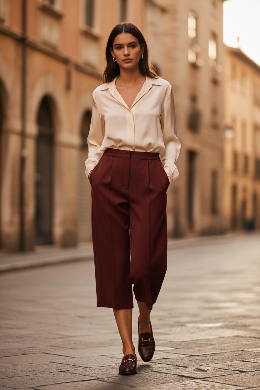 Kaffe Jillian Bermuda Pants – Fudge Bordeaux, lifestyle model photo