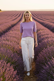 Kaffe Kalizza Lupine Knit Top lifestyle photo with model in lavender field