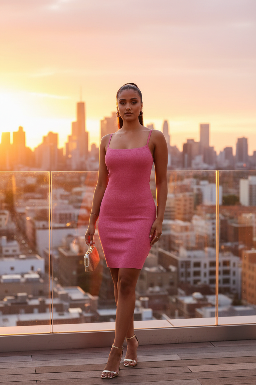 Neo Noir Contima Pink Glitter Knit Dress lifestyle photo with model at rooftop bar