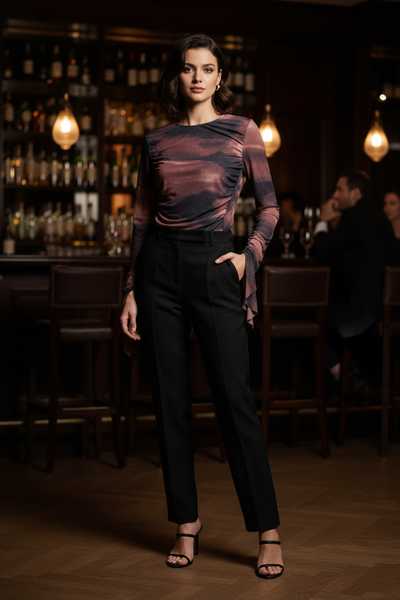 Neo Noir Ruched Mesh Blouse – Brown Abstract Print | Women's Draped Top