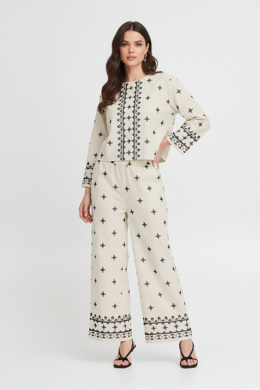 b.young Bydunia Embroidered Wide-Leg Pants - Beige