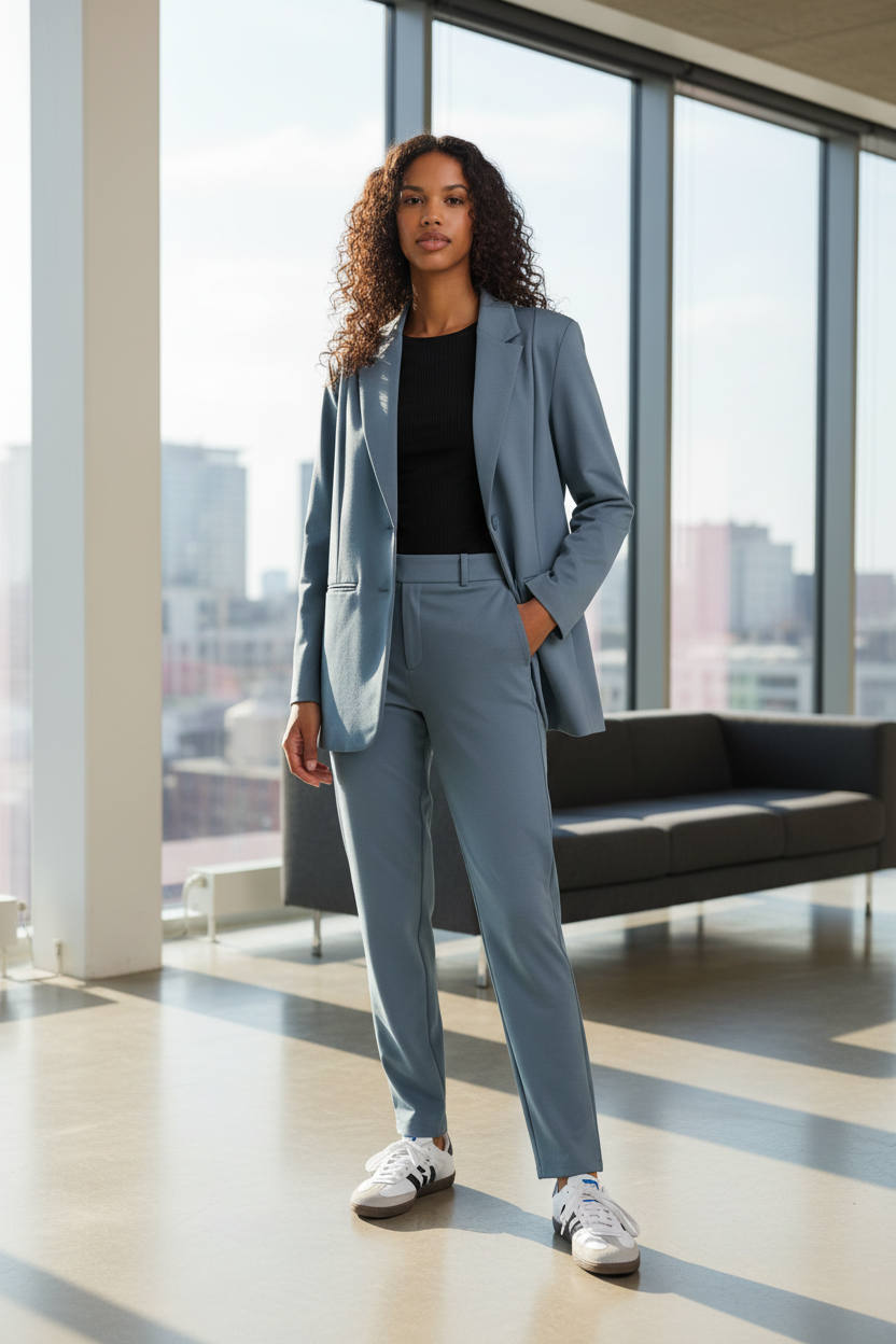 Woman wearing ICHI Blue Mirage blazer in professional urban setting