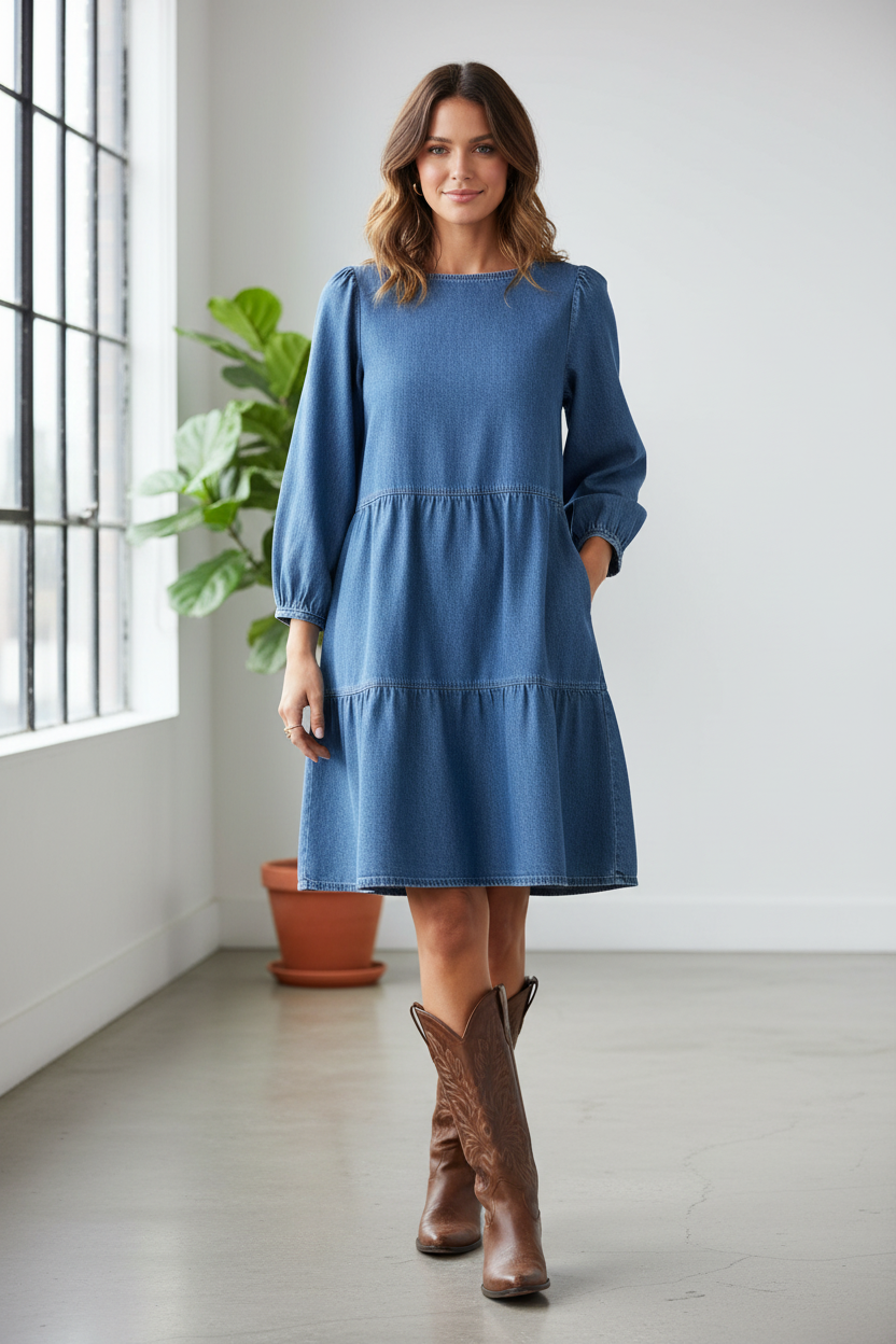 b.young Bykairon Chambray Denim A-Line Dress - Mid Blue