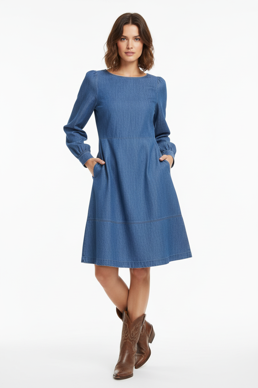 b.young Bykairon Chambray Denim A-Line Dress - Mid Blue