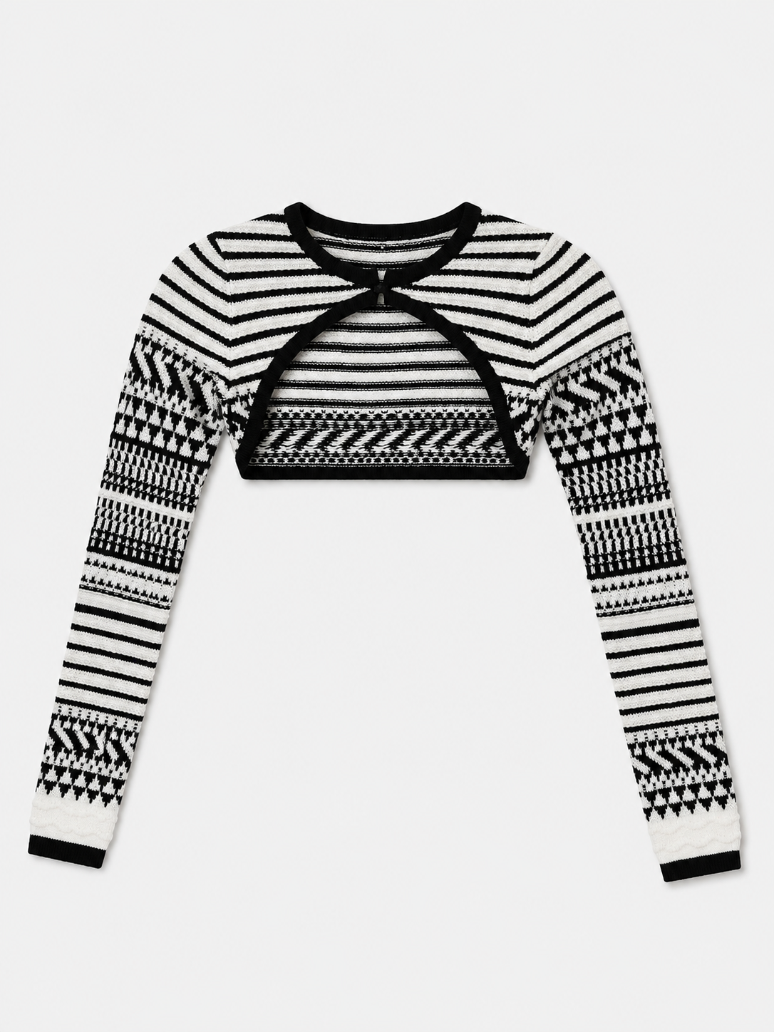 Marciano by Guess Arianna Black & White Jacquard Crop Top – Cutout Long Sleeve