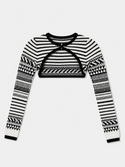 Marciano by Guess Arianna Black & White Jacquard Crop Top – Cutout Long Sleeve