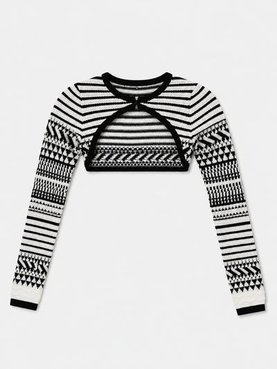 Marciano by Guess Arianna Black & White Jacquard Crop Top – Cutout Long Sleeve