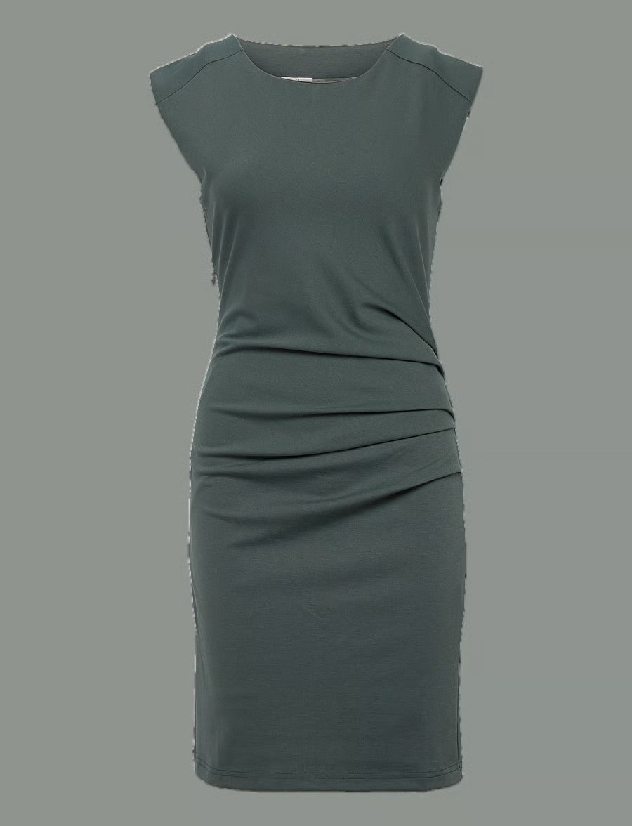 Kaffe KAindia Balsam Green Ruched Side Bodycon Dress – Round Neck Cap Sleeves Knee Length | Women