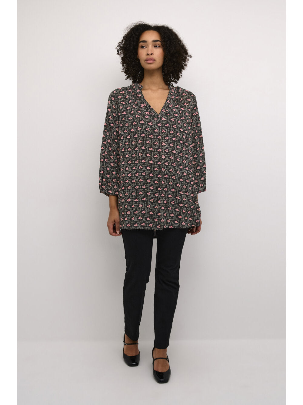 Kaffe KAamber Frill Tunic Black Pink Floral Print – V-Neck Frill Sleeves Relaxed Fit | Women