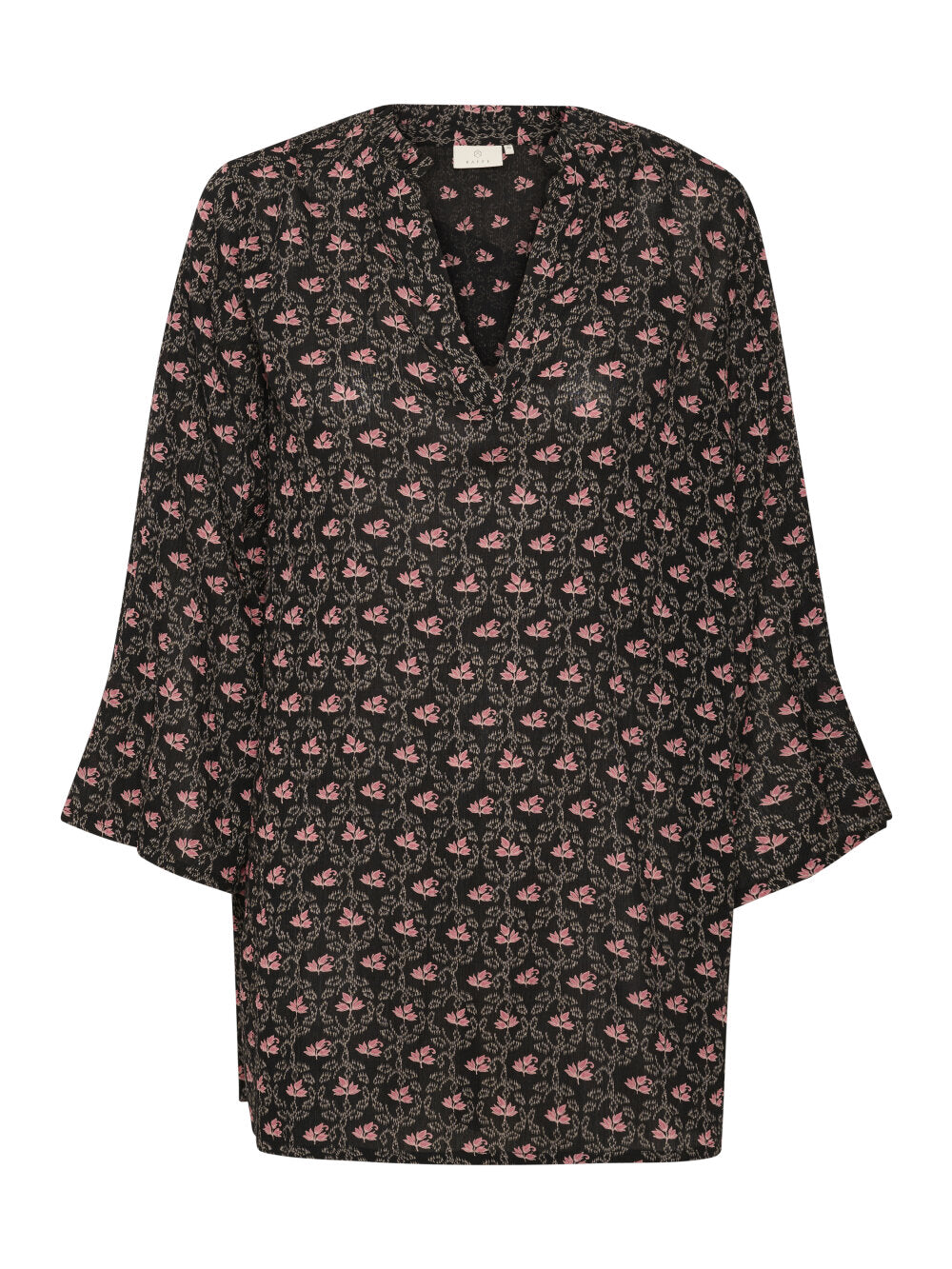 Kaffe KAamber Frill Tunic Black Pink Floral Print – V-Neck Frill Sleeves Relaxed Fit | Women