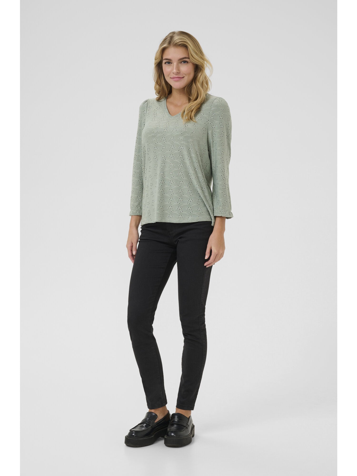 Kaffe KAenya Sage Green Broderie Anglaise Blouse – V-Neck Puff Sleeves Relaxed Fit | Women