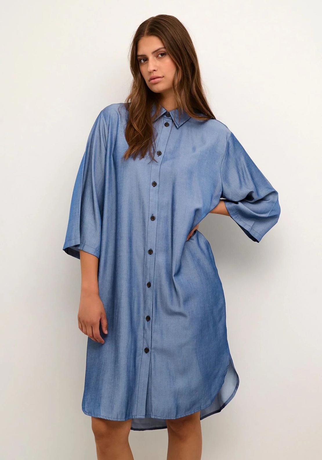 Kaffe Leonora Chambray Blue Oversized Shirt Dress – 3/4 Sleeves Pleated Back Midi | Women
