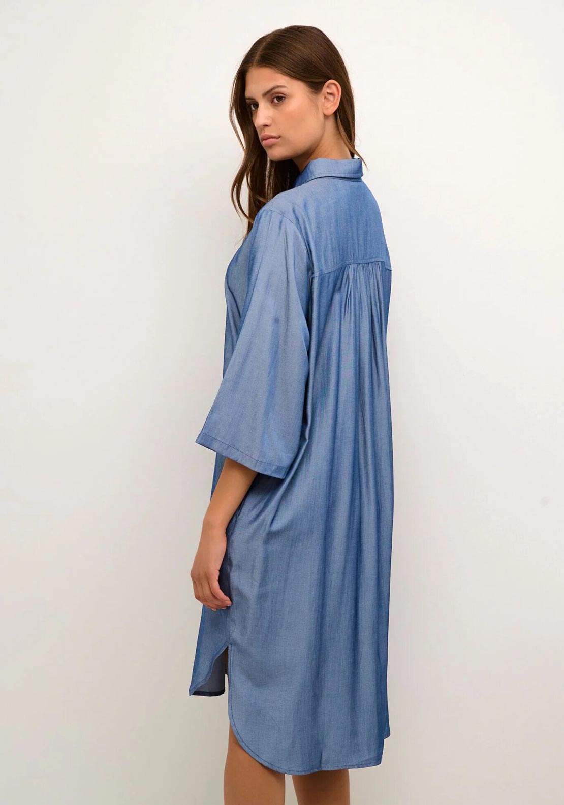 Kaffe Leonora Chambray Blue Oversized Shirt Dress – 3/4 Sleeves Pleated Back Midi | Women