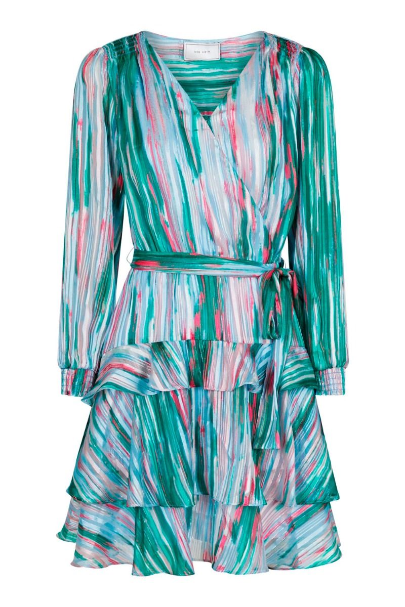 Neo Noir Dennie Blurred Stripe Green Mini Dress – Tiered Ruffle Wrap Belt | Women