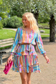 Neo Noir Dennie Blurred Stripe Rainbow Mini Dress – Tiered Ruffle Wrap Belt | Women