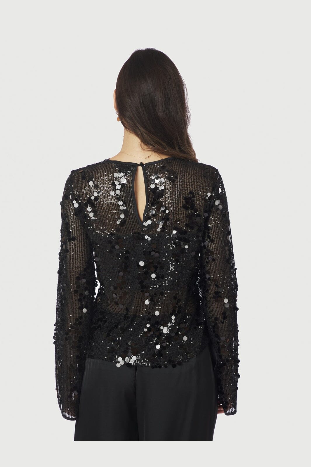 Neo Noir Blake Black Sequin Blouse – Sheer Mesh Long Sleeve | Women