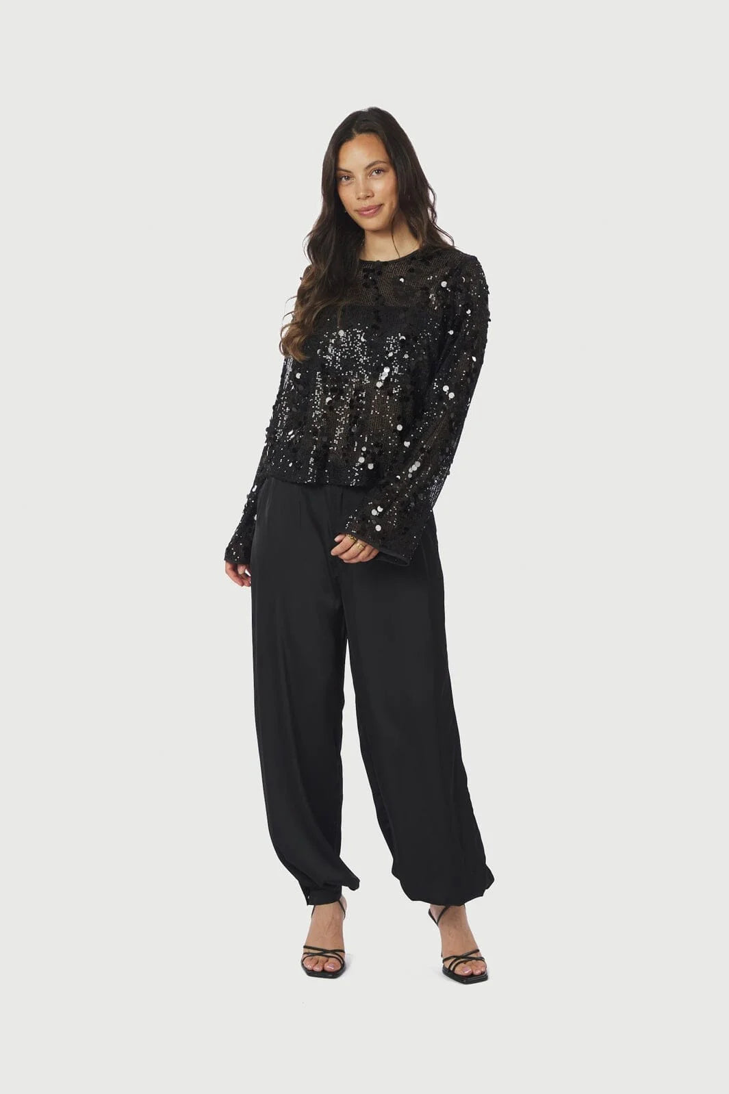 Neo Noir Blake Black Sequin Blouse – Sheer Mesh Long Sleeve | Women