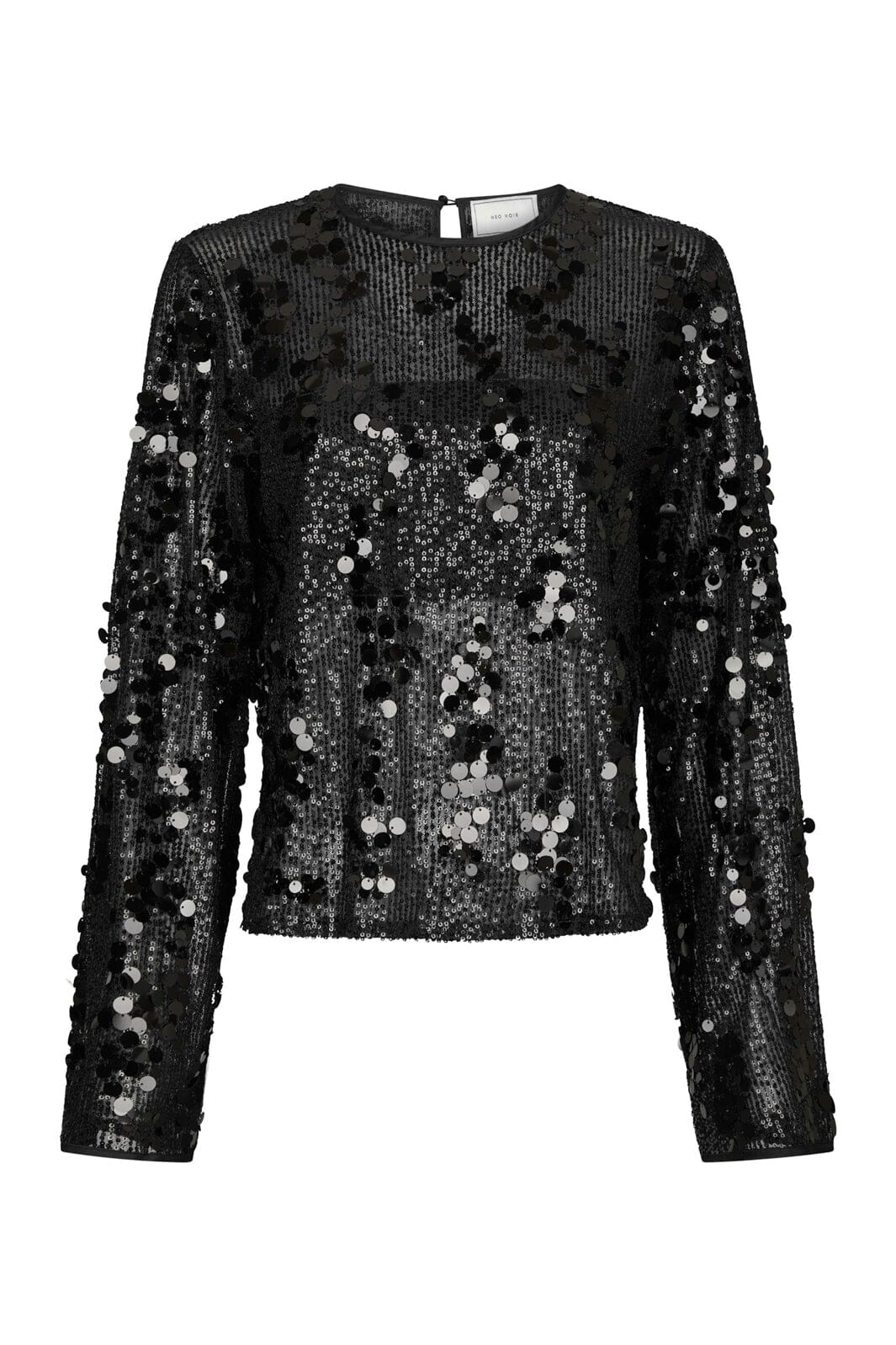 Neo Noir Blake Black Sequin Blouse – Sheer Mesh Long Sleeve | Women