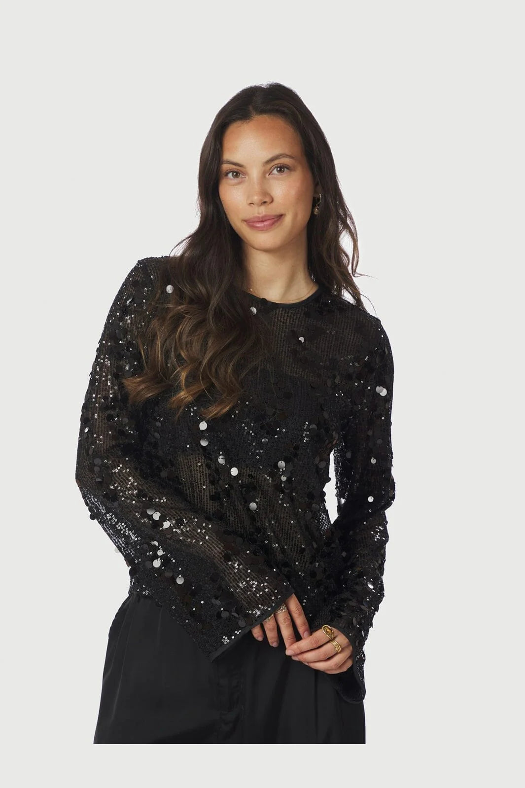 Neo Noir Blake Black Sequin Blouse – Sheer Mesh Long Sleeve | Women